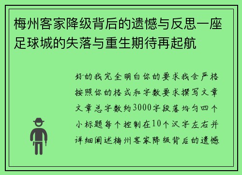 梅州客家降级背后的遗憾与反思一座足球城的失落与重生期待再起航