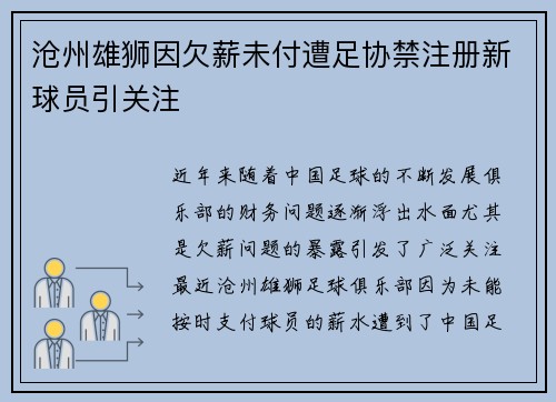 沧州雄狮因欠薪未付遭足协禁注册新球员引关注